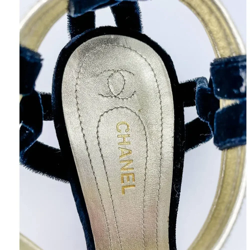 Chanel Vintage Black Velvet Champagne Glitter Evening Sandals size 37.5C